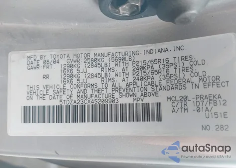 2004 Toyota Sienna Le from USA, damaged, VIN 5TDZA23CX4S209903